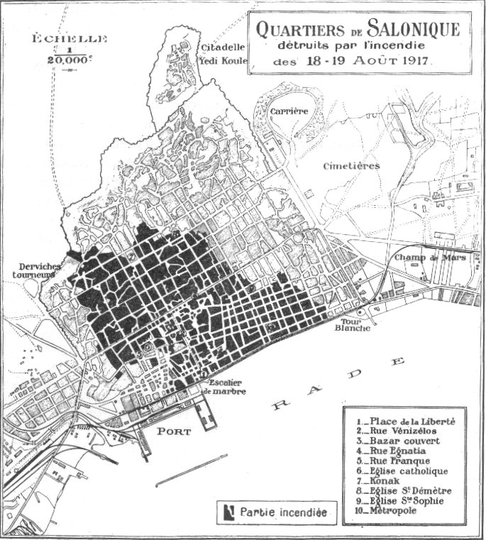 Χάρτης της «πυρίκαυστης ζώνης». Από το λεύκωμα Incendie de Salonique. 18-19 Août 1917